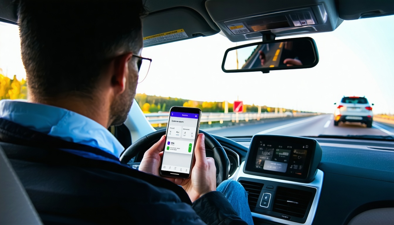 Driver using a mobile app for road toll payment