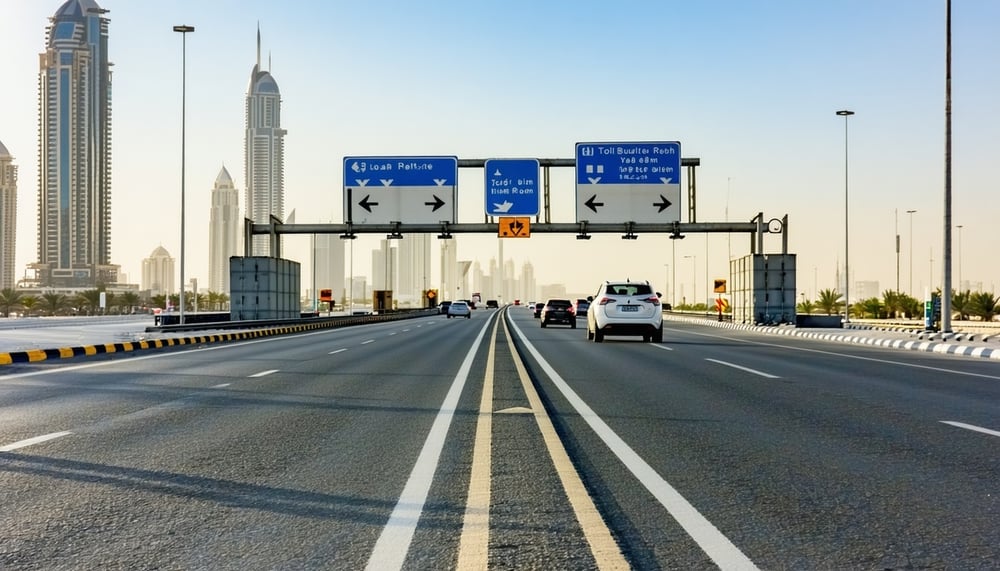 Dubai road with toll gate and seamless traffic flow Dubai road with toll gate and seamless traffic flow
